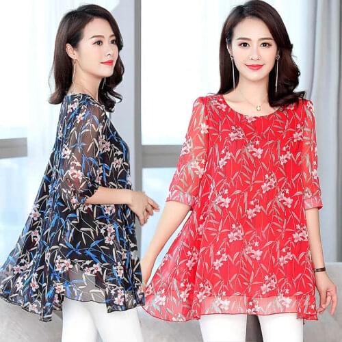 Long O Neck Blusas Loose Plus Size 6XL New Printed Summer Mother Middle-aged Womens Blouse Chiffon Short-Sleeved Women Top