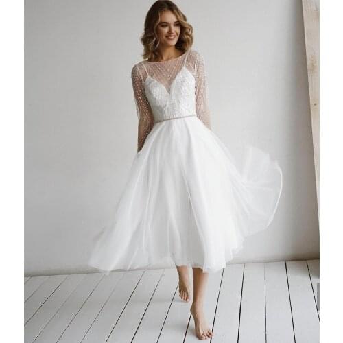 Short Wedding Dress 2021 Long Sleeve Backless Tulle Sexy Simple Beach Bridal Gowns Robe De Mariee Crystal Beaded Scoop Charmin