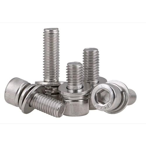 M5M6M8 304 Stainless Steel Three-Combined Hexagon Socket Head Cap With Flat Spring Washer Screw 20 Pcs