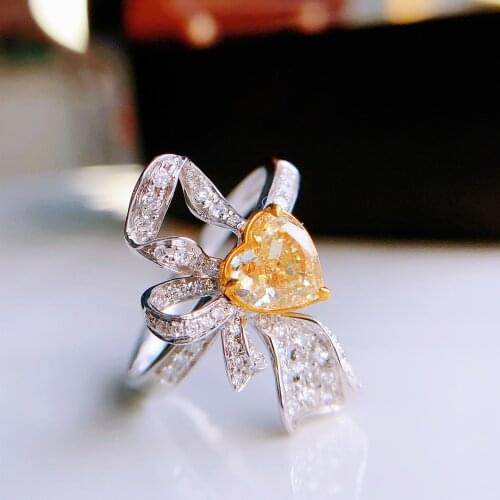 Cute Female Yellow Heart Zircon Ring Charm Silver Color Open Engagement Ring Luxury Crystal Bowkone Wedding Rings For Women