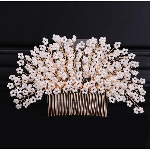 Trendy Gold Flower Pearl Wedding Hair Combs Hair Accessories Tiara Women Bridal Headpiece Wedding Hair ornaments Hair Jewelry