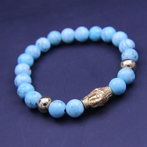 Stainless Steel Gold Buddha Charms Strand Bracelet 8mm Turquoises Stone Beaded Stretch Bracelets for Men&Women Wonlee Winle