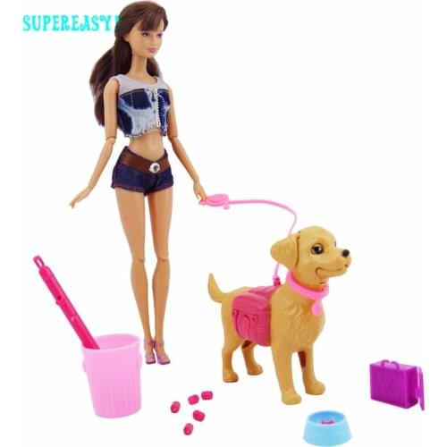 Plastic Dog Pet Sets Bowl Feeding Bone Box Outside 1:6 Dollhouse Accessories for Barbie Doll Ken Doll Puppet Toy Gift Kids Play