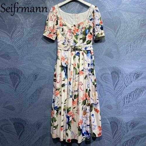 Seifrmann New 2021 Summer Women Fashion Runway A-Lien Cotton Dress Lantern Sleeve Gorgeous Crystal Beading Floral Print Dresses
