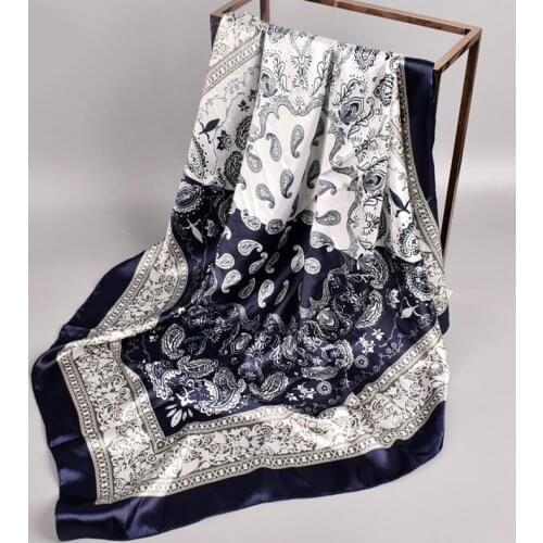 Female 90*90cm Square Scarf Beach Hijab Shawls and Wrap for Women Two-tone Cashew Flower Print Luxury Silk Satin Head Scarves