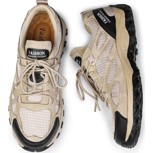 Luxury Genuine Leather Mens Casual Shoes Summer Mesh Breathable Mens Outdoor Sport Shoes Soft Comfort Non-slip Soles Shoes Men