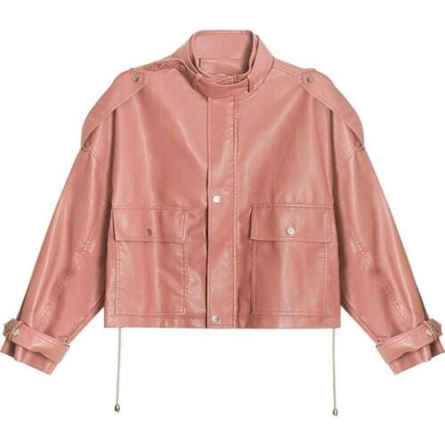 VSUE Women Pink Button Zipper PU Leather Jacket Stand Collar Pocket Loose Short Jacket C0521