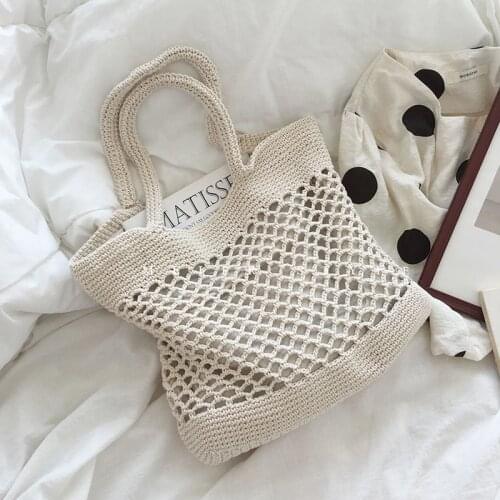 Womens Summer Hollow Out Design Beach Tote Bags Casual Large Capacity Straw Woven Shoulder Bag Handmade Kintted Shopping Purse