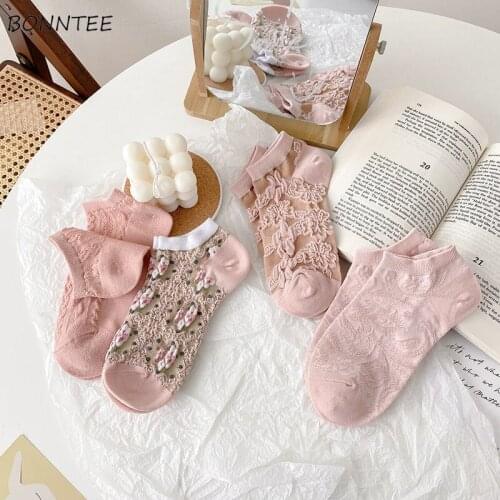 Socks Women Spring and Summer Ulzzang Thin Breathable Cotton Sweet Lady Leisure 4pcs Patchwork Design Fashion Cute 2021 Low Cut