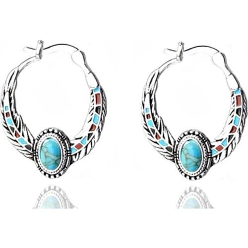Bohemian Style High-End Honorable Inlaid With Retro Turquoise Beach Breeze Fashion Alloy Womens Hoop Earrings