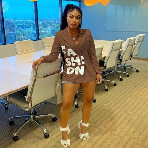 FASHION Letter Print Womens Blazer Coat Notched Neck Long Sleeve Slim Fit Jacket Office Lady Business Double Breasted Outwear