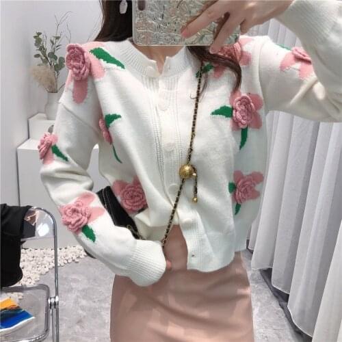 Female Vintage Knitwear Cardigan Jacket Preppy Style Womens Heavy Industry Rose Embroidery Sweater Coat New Autumn Winter Tops