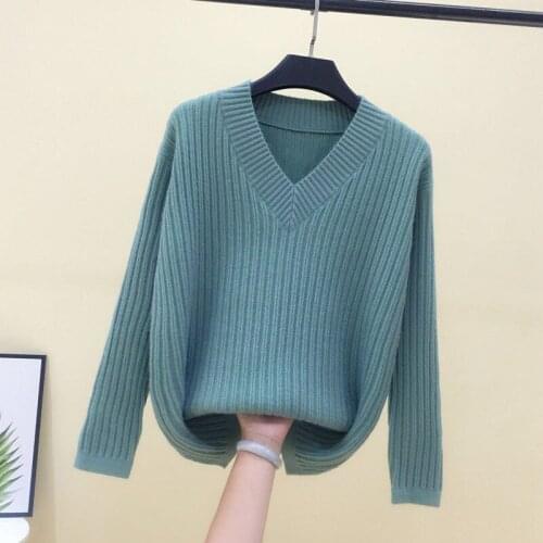 2021 Winter Spring New V-neck Pullover Sweater Women Large Size Long Sleeve Knit Sweater Korean Loose Bottoming Female Jumpers