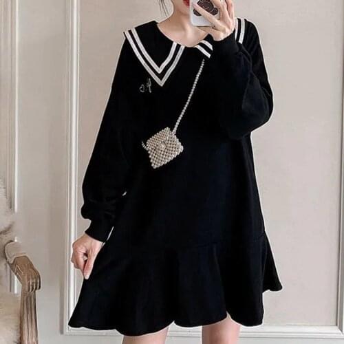Plus Size 6XL 150KG Women Black Dress Sailor Collar Long Sleeve Large Dresses For Ladies Casual Loose Dress
