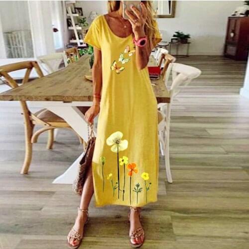 #35 Women Plus Size Cotton Linen Dress Casual Floral Printed O-neck Short Sleeve Loose Long Maxi Dress Summer Dress 2020 Платье
