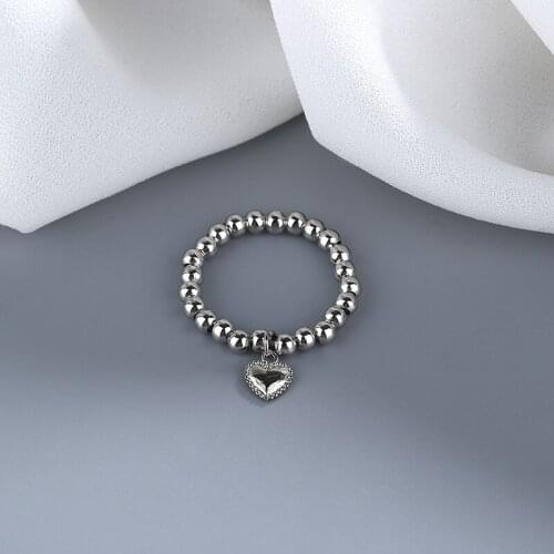 Vintage Heart Silver Color Elastic Beads Chain Index Finger High Sence Luxury Rings For Women Girls Trendy Elegant Jewelry Gifts
