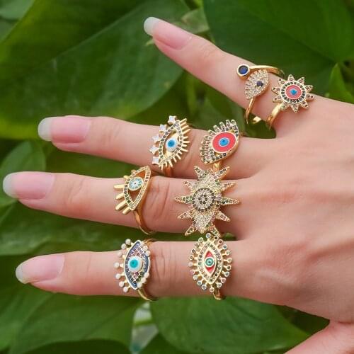 2020 New Bohemian Rainbow Color Zirconia Gold Ring For Women Crown Blue Evil Eye Open Adjustable Ring Party Jewelry Gift