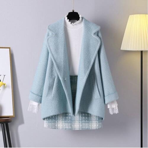 Winter New Fashion Blue Sweet Stident Womens Loose Woolen Coat + Skirt Two-Piece Sets