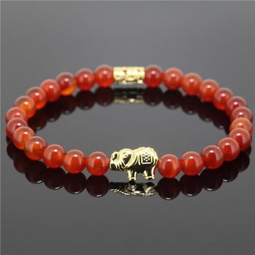 1PC Nature 6MM Carnelian Stone Beads Bracelet 24K Alloy Elephant Charms Pendant Bracelet Girl Best Friendship Gifts