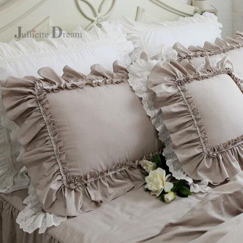 2pcs khaki pillow case European luxury big ruffle pillow cover handmade lace pillow cases embroidery pillow sham bedding textile