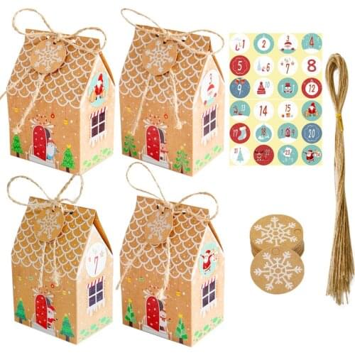 24Pcs Christmas Candy Bags House Shape Christmas Gift Box Cookie Bags Packaging Boxes Christmas Tree Pendants Party Decorations