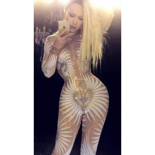3D White Rhinestones Long Sleeve Jumpsuit Birthday Celebrate Prom Nude Stretch Outfit Women Singer Dancer Costume