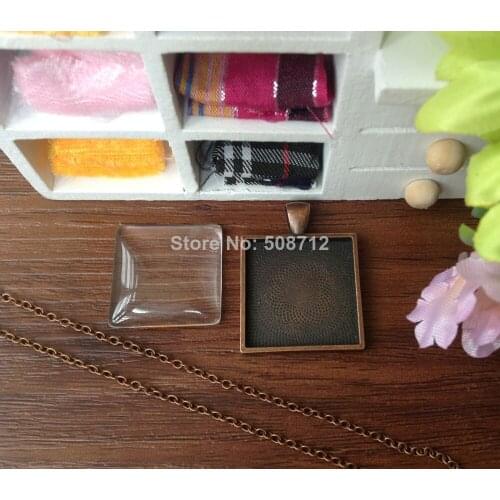 50 Sets,25mm Antique Copper Photo Pendant DIY Kits, Square, Cabochon Setting Metal Trays, Glass Cabochons, Metal Necklace Chains