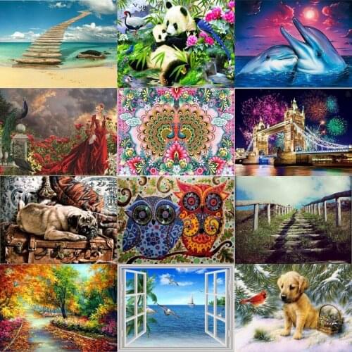DIY Square Drill night view Diamond Painting Dolphin Owl bird Diamond Painting dog Diamond Embroidery beach Mosaic Cross Stitch