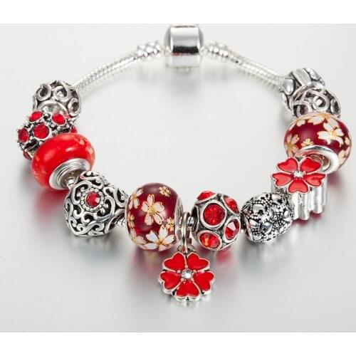 ANNAPAER Red Enamel Flower Pendant Bracelets & Bangles Antique Silver Color Heart Charm Bracelet for Women DIY Jewelry B16208