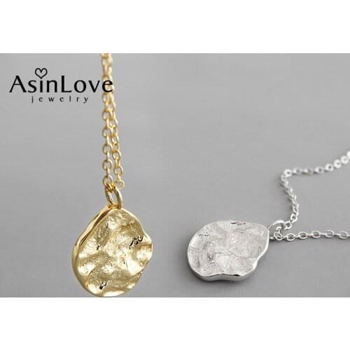 AsinLove Real 925 Sterling Silver Irregular Geometric Pendant Necklace for Women Minimalist Concave-convex Hammered Oval Jewelry