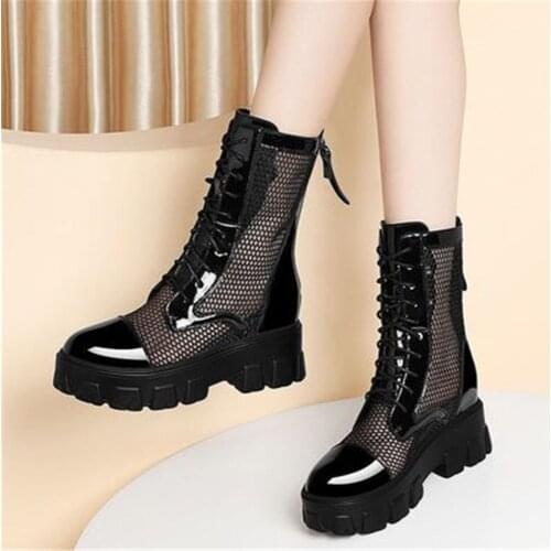Mid Calf Boots Woman Platform Sandals Summer Breathable Hollow Out Mesh Wedges Shoes Female Increased Heel Sneakers Black White