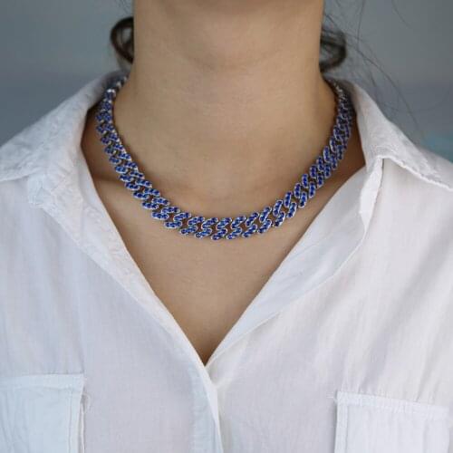 12MM Width blue purple cubic zirconia cz cuban chain Necklace Iced out Full bling cz Punk pink color Hiphop women Jewelry