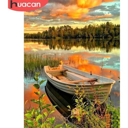 HUACAN 5D DIY Diamond Painting Boat Full Drill Diamond Embroidery Landscape Picture Of Rhinestone Decor Home