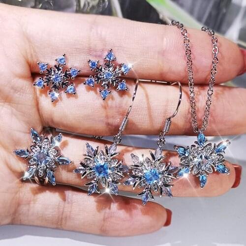 Classic Snowflake-shaped Blue Zircon Womens Jewelry Set, Earrings, Necklaces, Rings, Three-piece Bridal Jewelry Set
