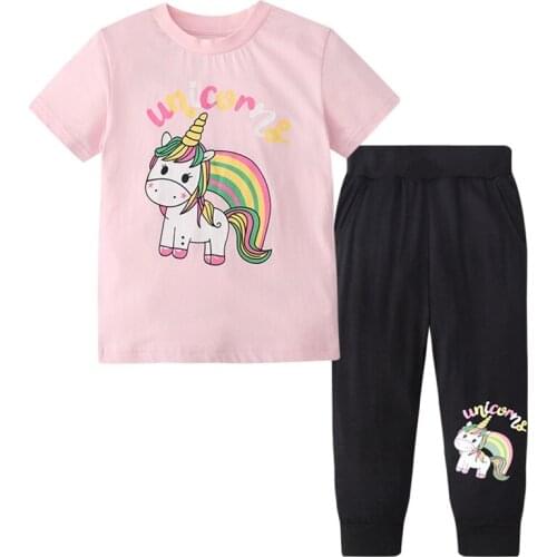 Kids Girls 2pcs Clothing Sets Short T-Shirt Cartoon Unicorn Print Tees and Short Pants Outfits