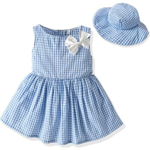 2Piece Summer Toddler Girl Clothes Set Baby Beach Dresses Cute Bow Plaid Sleeveless Cotton Newborn Princess Dress+Sunhat 2012
