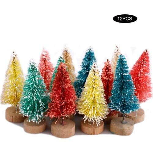 12Pcs Mini Multicolor Cedar Trees Set Sisal Snow Frost Trees With Wood Base Bottle Brush Trees Plastic Winter Snow Ornaments