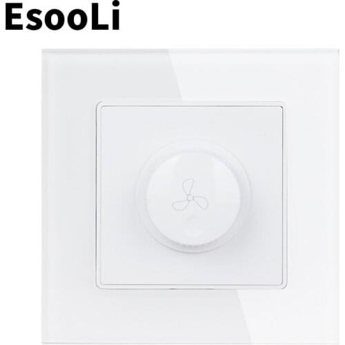 Esooli White Fan Controller Regulator Crystal Glass Panel Wall Switch Interruptor 16A Maximum 300W Fan Speed Control Switch