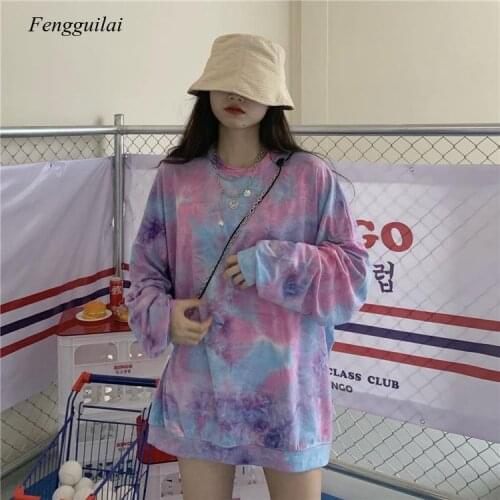 Autumn 2021 Korean Lazy Style Stree Wear Bf Loose Medium Length Tie Dyed Long Sleeve Hoodies