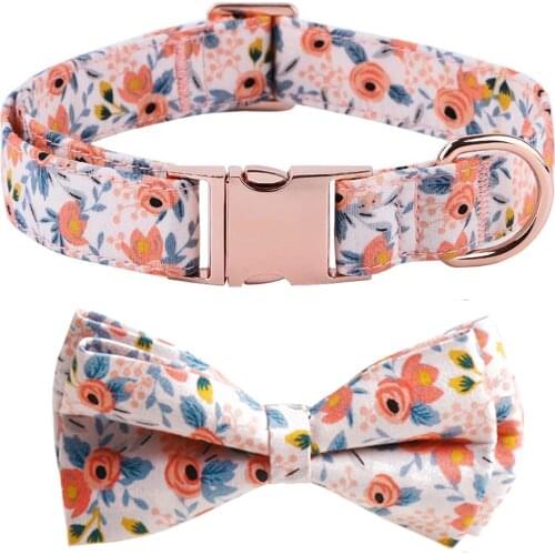 MGKPET Bowtie Dog Collar Soft &Comfy Cute Pink Flower Patterns Pet Collar for Dogs Adjustable Dog Collars for Medium Large Dogs