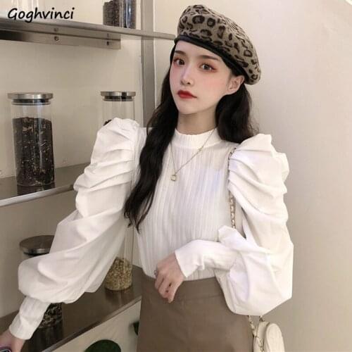 Pullovers Womens Autumn Retro Solid Slim Elegant Puff Sleeve Design All-match Solid Knitting Sweaters Stylish Office Lady Tops