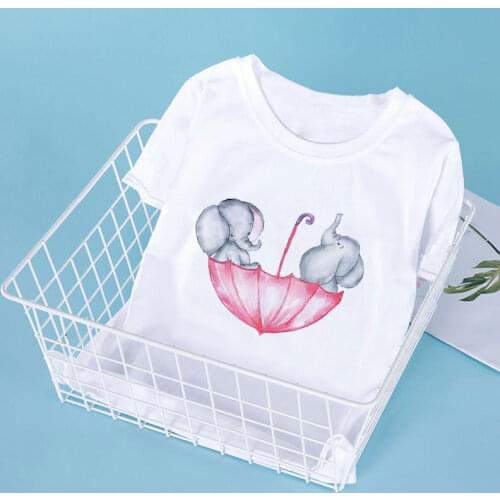 O-neck Boys Clothes Casual Short Sleeve Floral Flower Elephant Kids T Shirt Painted Girls Tops Casual Toddler Girl T-shirt White