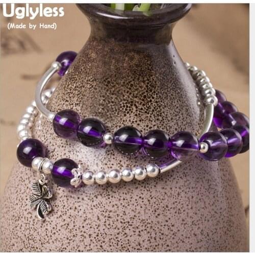 Uglyless Real 925 Sterling Silver Balls Bracelets for Women Crystal Beads Elastic Rope Bracelet 2 Layer Thai Silver Clover Charm