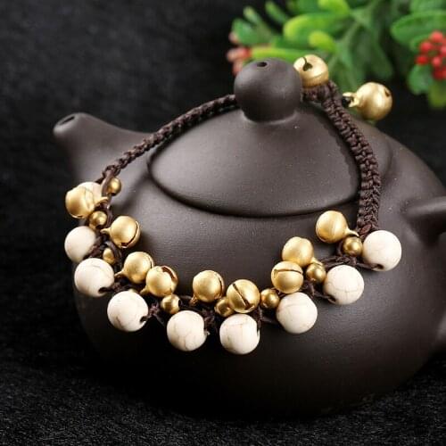 European and American Boho Style Retro Semi-precious Stone Bells Women Bracelet Wax Rope Hand-woven Beach Female Bangle Jewelry