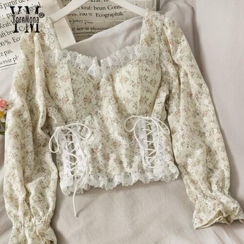 YornMona Ins Fashion Floral Print Mesh Patchwork Blouses Shirt Women Long Sleeve French Vintage Bandage Lace Tops Female Blusas