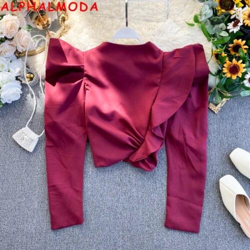 ALPHALMODA 2020 Spring New Ruffled Jacket Pull Sleeve Back Zipper Long-sleeved Ladies Slim Fit Short Outfit