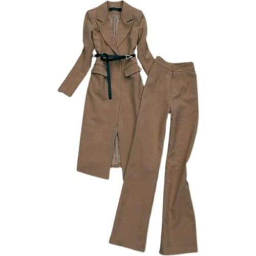 Fashion Pants suit women Autumn winter New long-sleeved windbreaker jacket + high-waisted trousers commuter two-piece Set women