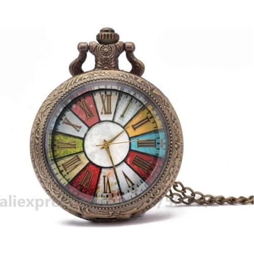 100pcs/lot Fashion colorful dial Analog display No logo glass Antique pocket watches with chain