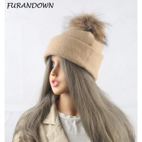 2019 100% Wool Knitted Beanie Pompon Winter Hats For Women Autumn Hat Casual Skullies Beanies Real Fur Pompom Hat