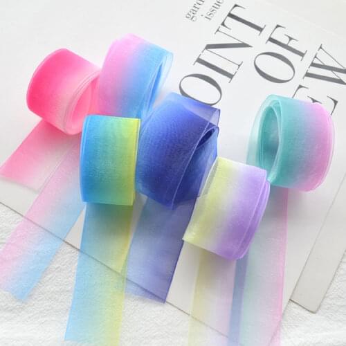 25mm Gradient Rainbow Organza Ribbon Handmade Materials Wedding Party Gift Wrap Supplies DIY Hair Bow Accessories (1 Meter/lot)